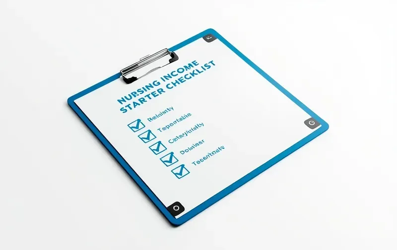 clean 3D mockup of a nursing income starter checklist document, blue and white, clipboard with checkboxes, isolated, studio lighting, minimal clean background
