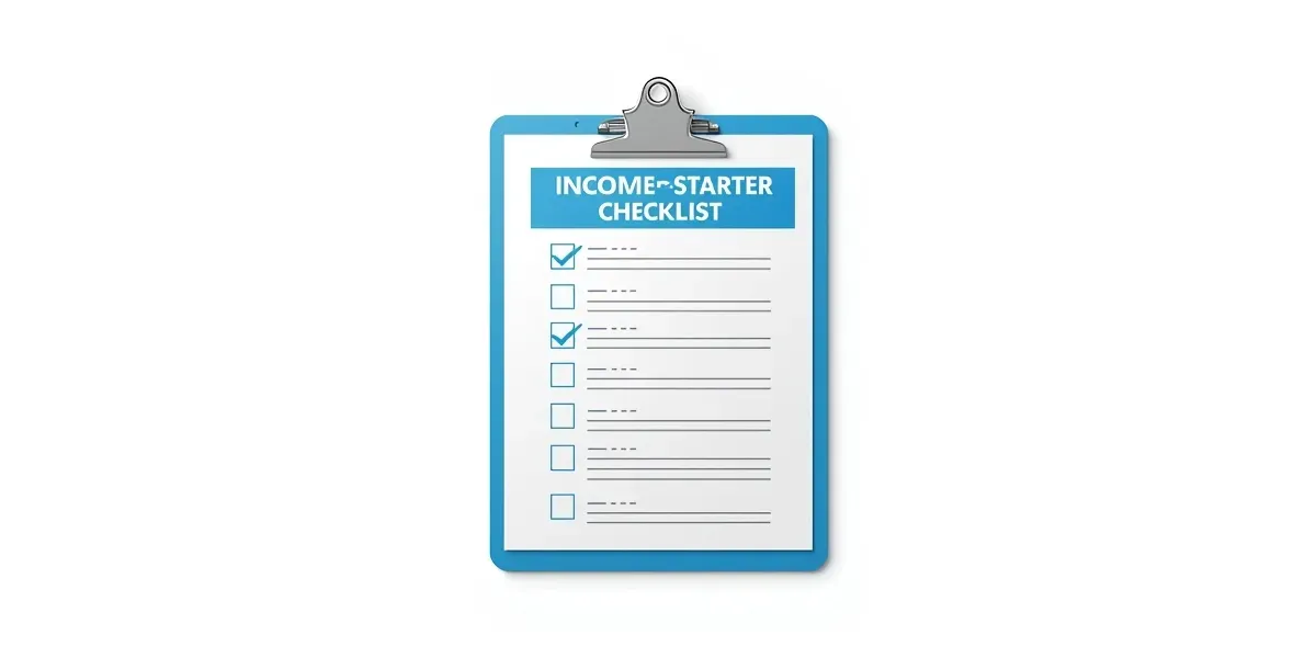 clean 3D mockup of a nursing income starter checklist document, blue and white, clipboard with checkboxes, isolated, studio lighting, minimal clean background