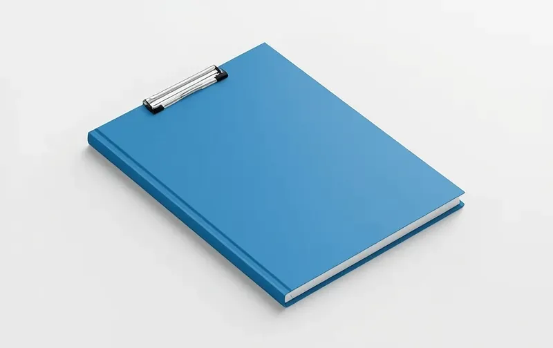 clean 3D modern workbook mockup, blue and white cover, medical clipboard theme, isolated, studio lighting, minimal clean background