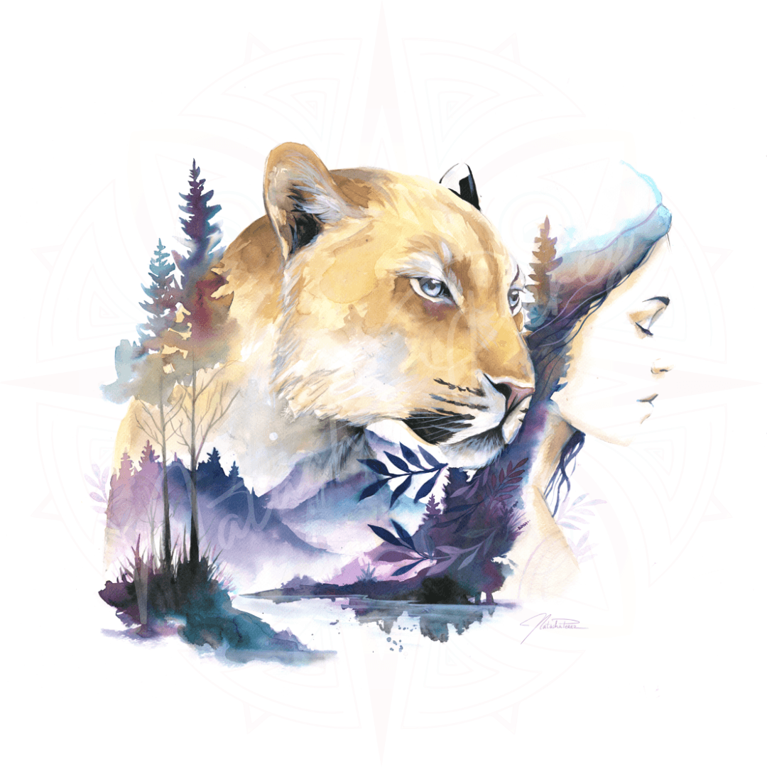 Natacha Perez - Peinture aquarelle d'une lionne, d'une femme et d'un paysage