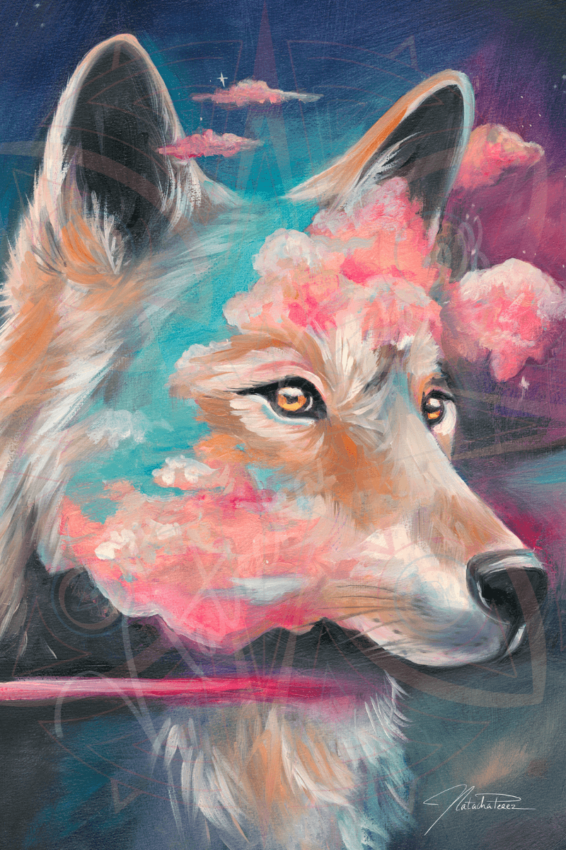 Natacha Perez - Peinture à l'huile d'un loup, nuages roses, ciel nocturne étoilés et montages
