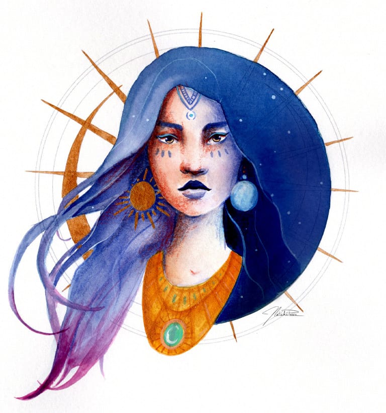 Natacha Perez - Aquarelle et crayons femme aux cheveux de nuit pour interprétation complète de thème natal