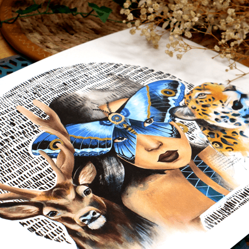 Natacha Perez - Peinture femme avec un papillon sur les yeux, à côté un cerf et un jaguar veillent