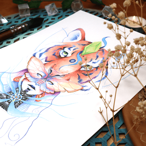 Natacha Perez - Aquarelle d'une femme dont les yeux sont recouverts par un papillon. Tête de tigre et cristal vert flottant.