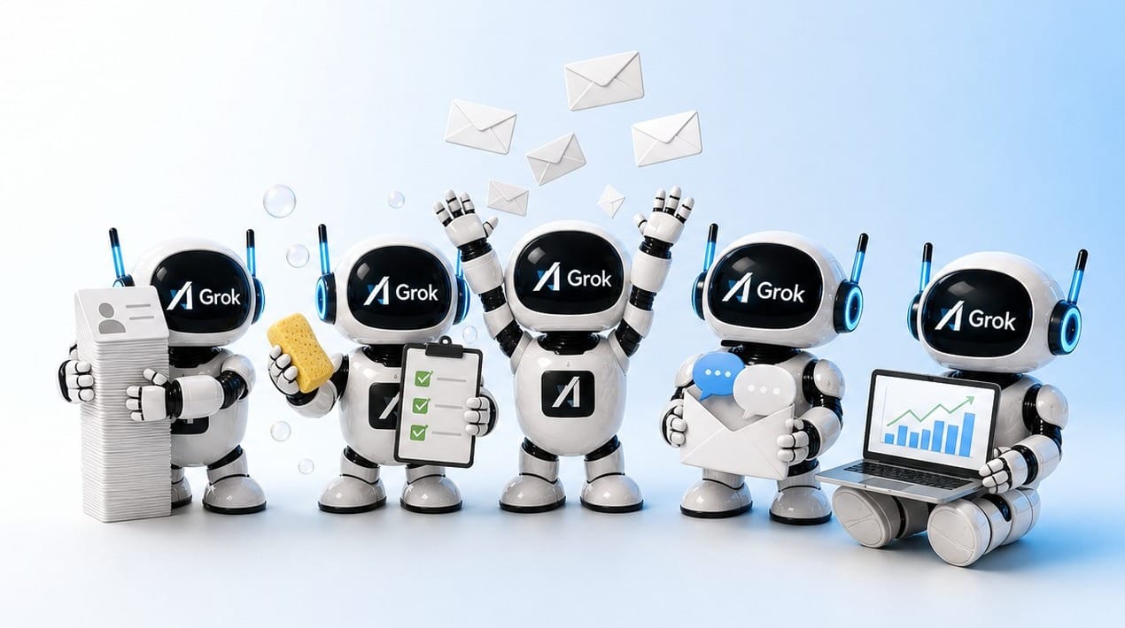 Five white Grok helper bots carrying a lead list, a sponge, a checklist, envelopes and a laptop with a chart, with emails floating above them