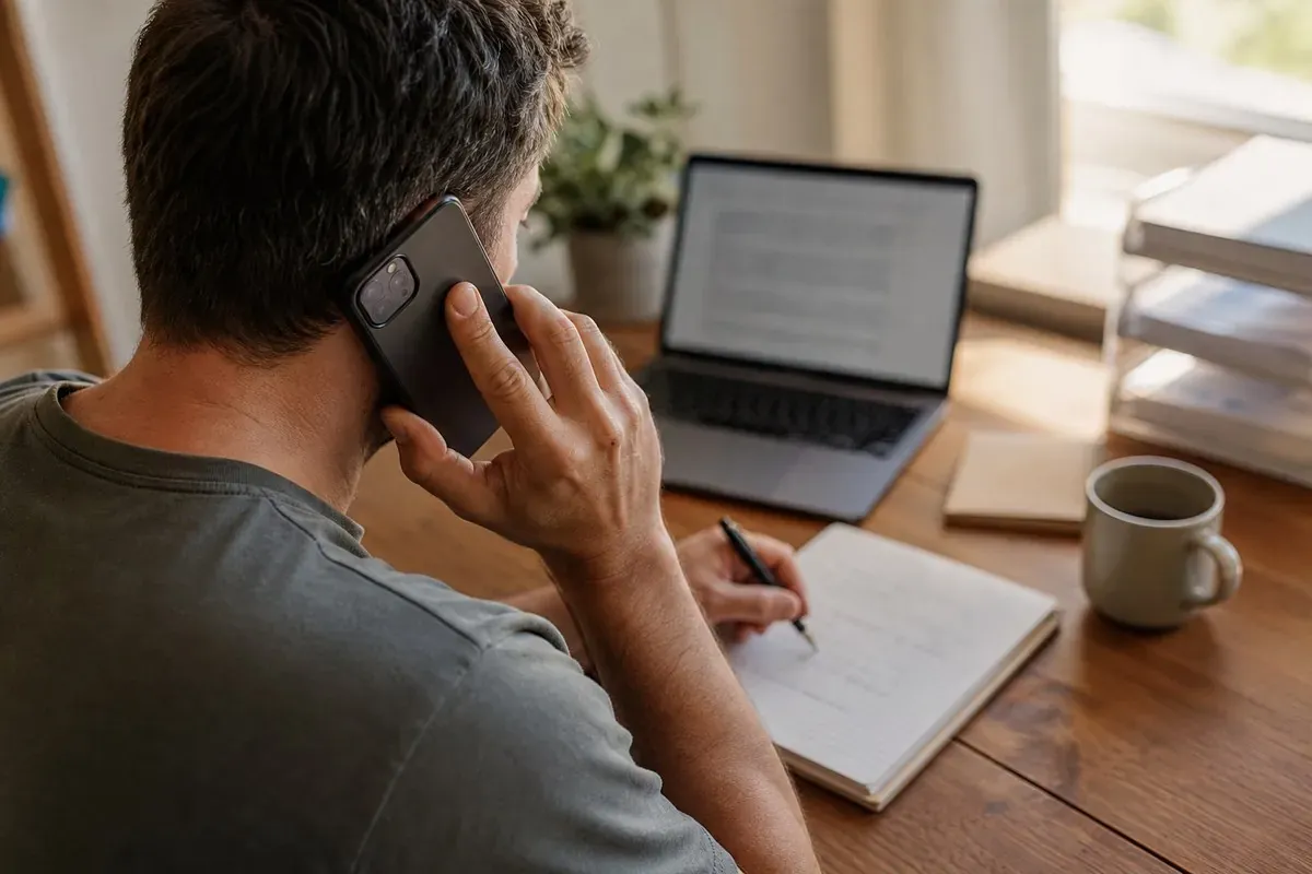 A man at a home office desk taking an inbound phone call and making notes