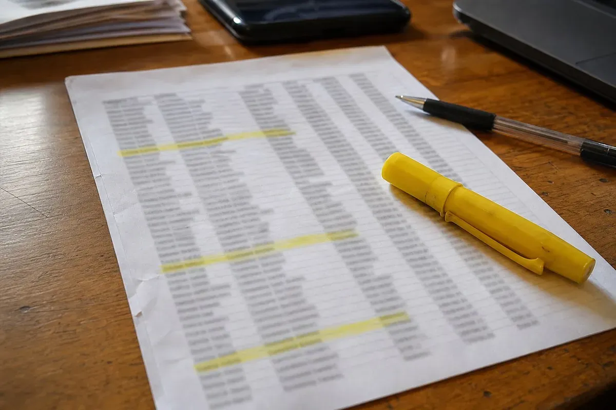 A printed county tax-delinquent property list on a desk with several rows highlighted in yellow