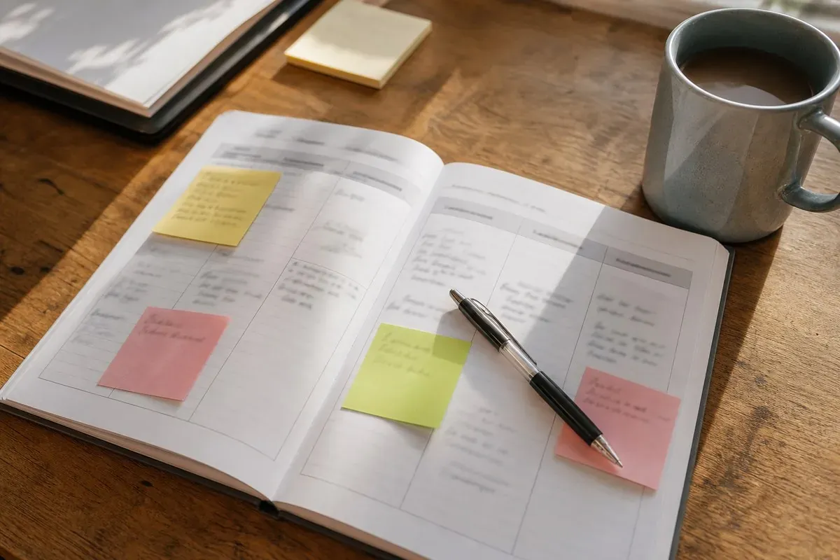 An open weekly planner with sticky notes, a pen and a coffee mug on a wooden desk