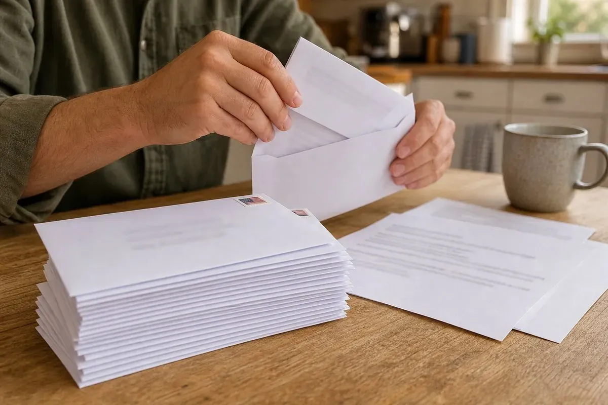 Hands sealing tax assistance letters into envelopes at a kitchen table next to a stack of finished mailers
