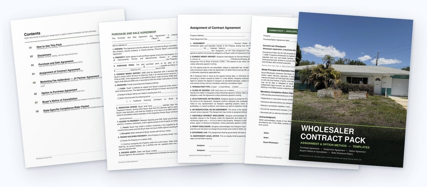 Pages from the free wholesale real estate contract PDF: cover, contents, purchase and sale agreement, assignment contract and a state rider