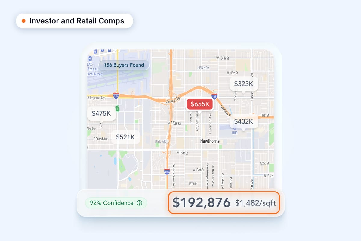 InvestorBase investor and retail comps: nearby sale prices on a map with an estimated value per square foot