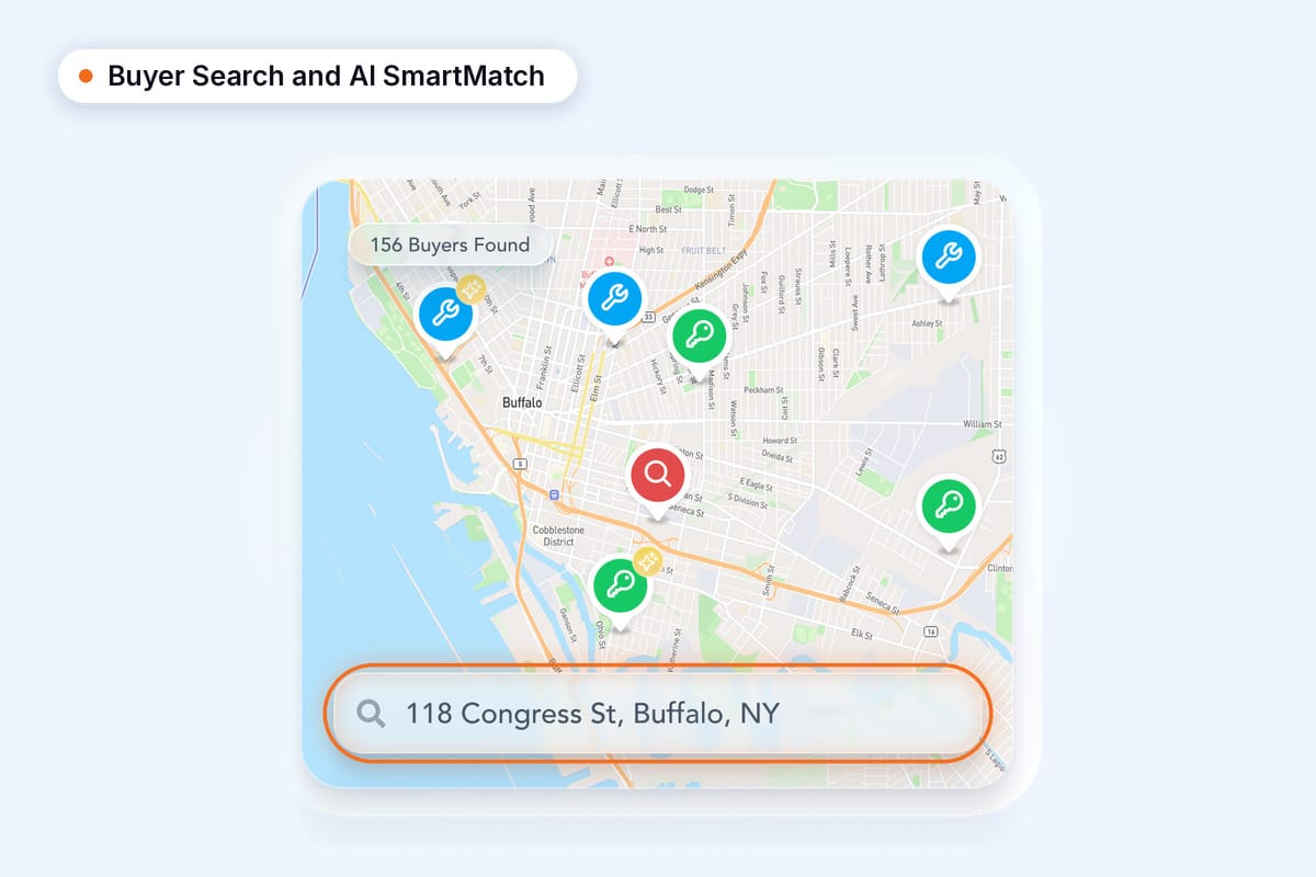 InvestorBase Buyer Search and AI SmartMatch: a map of buyers found near 118 Congress St, Buffalo, NY, with flipper and landlord pins