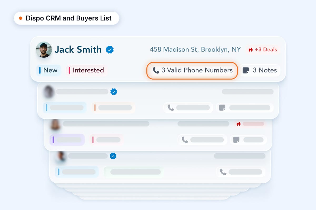 InvestorBase dispo CRM and Buyers List: a buyer record with status tags, skip-traced phone numbers and notes