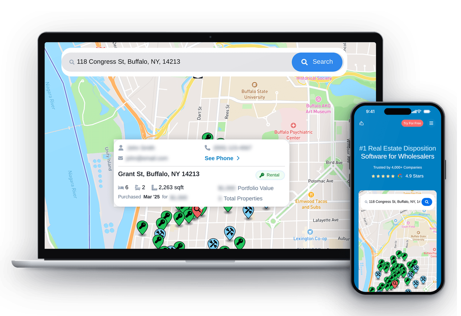 InvestorBase buyer search on a laptop and a phone: a map of nearby flipper and landlord buyers around a property in Buffalo, NY
