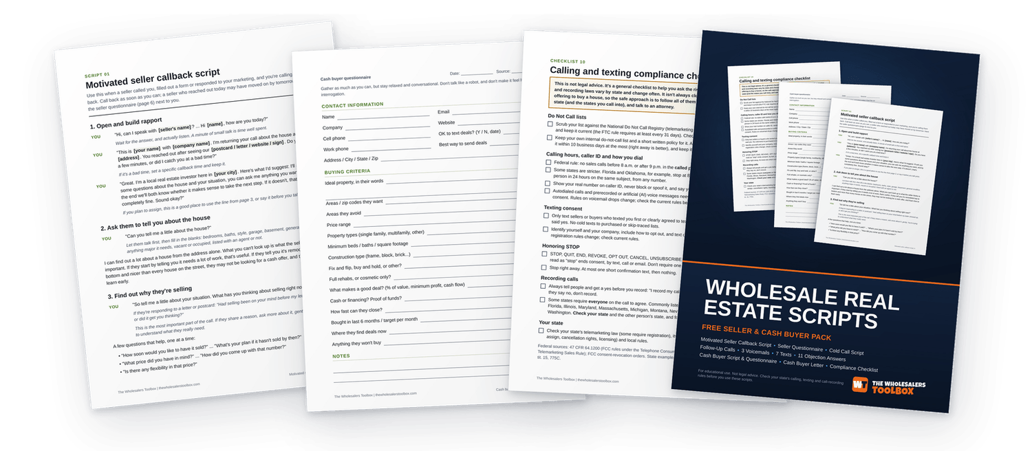 Pages from the free wholesale real estate scripts PDF: motivated seller callback script, cash buyer questionnaire, calling and texting checklist and the pack cover