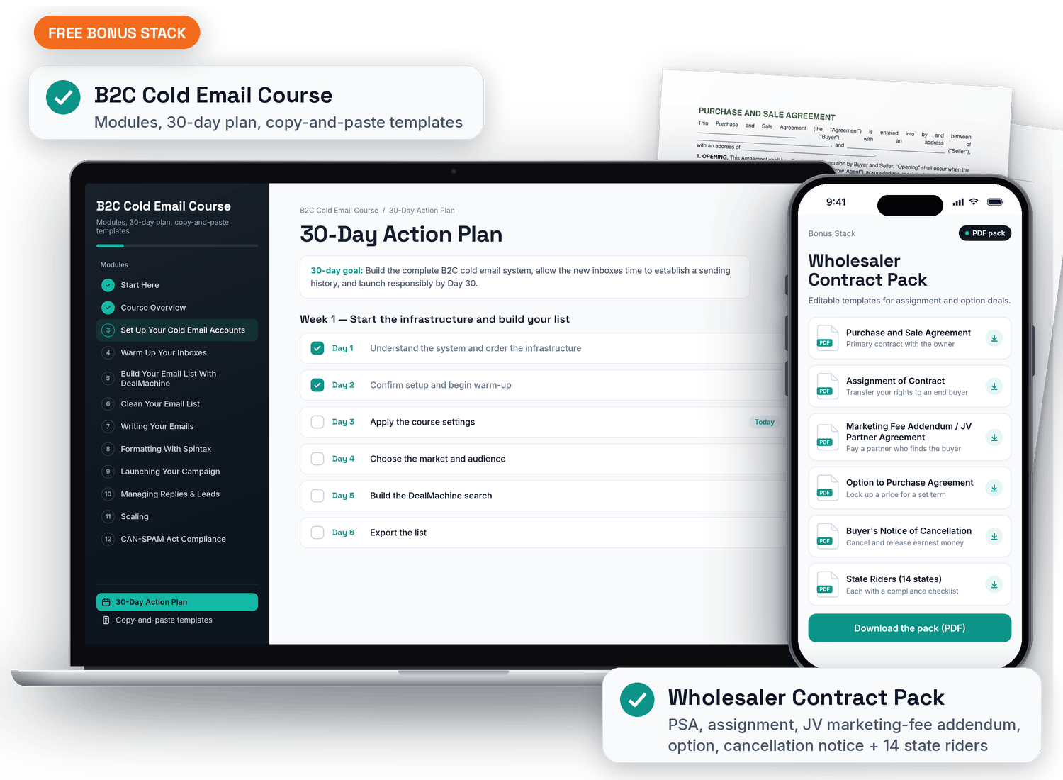 My free Bonus Stack: the B2C Cold Email Course on a laptop and the Wholesaler Contract Pack on a phone