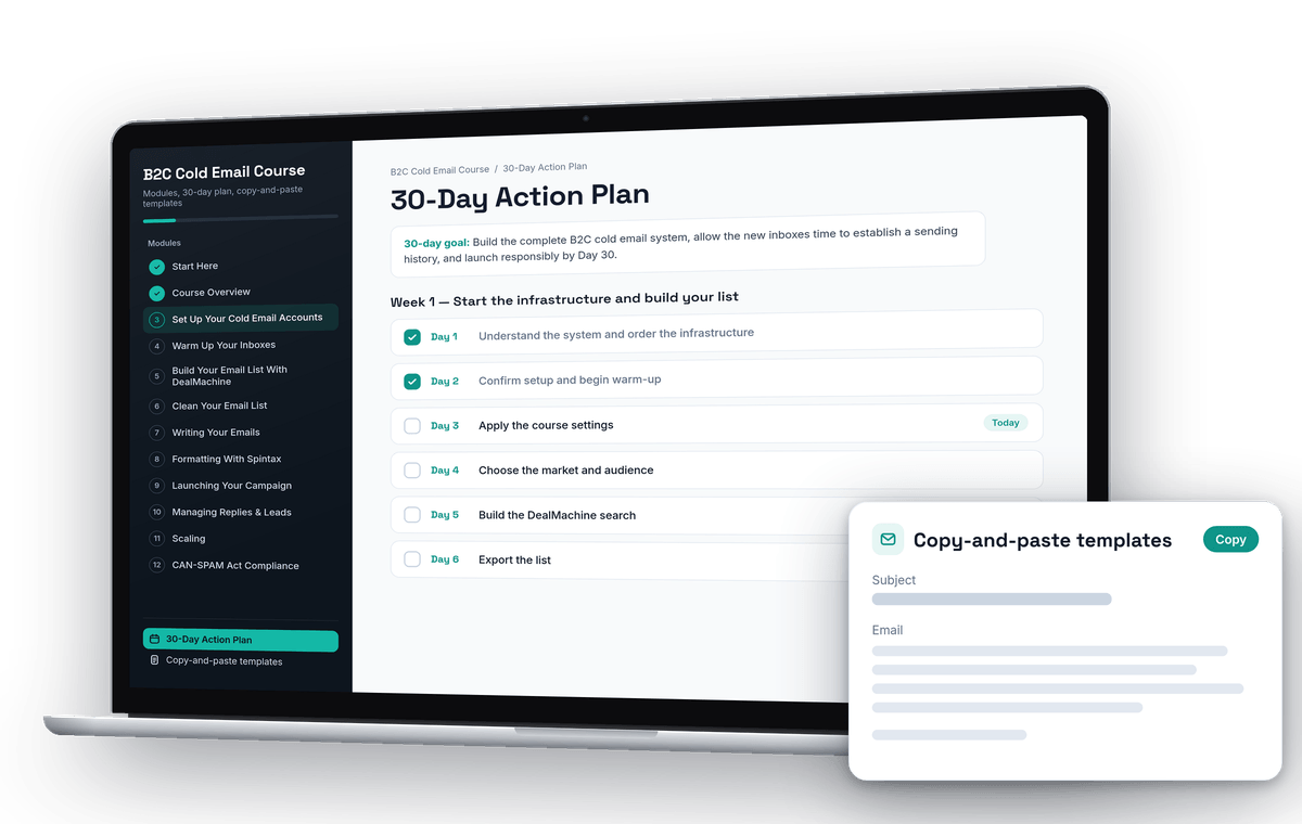 B2C Cold Email Course modules and 30-day plan