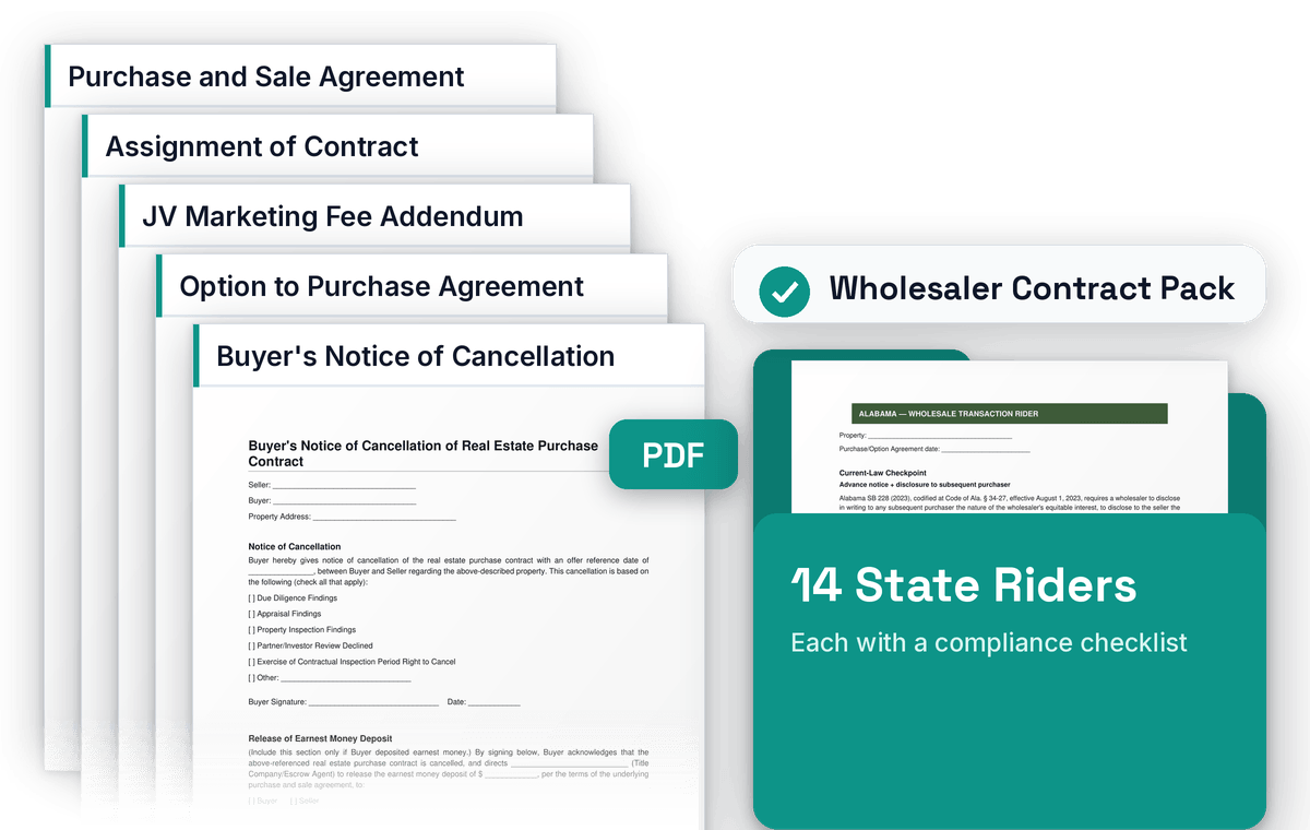 Wholesaler Contract Pack documents and 14 state riders