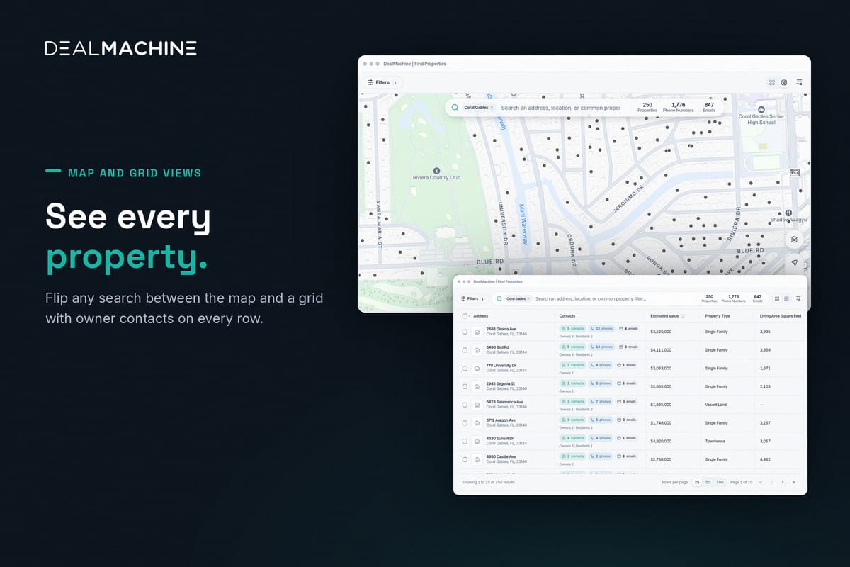 DealMachine map and grid views of property search results