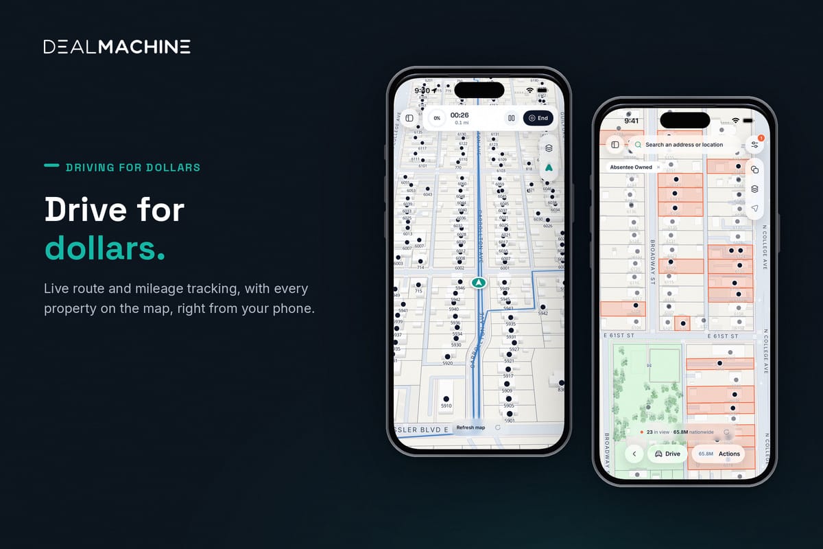 DealMachine driving for dollars app with live route tracking and properties on the map