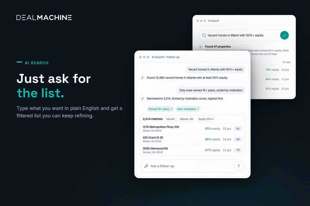 DealMachine AI search turning a plain-English request into a property list