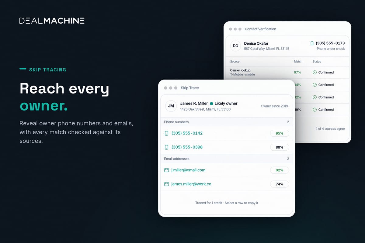 DealMachine skip tracing: owner phone numbers and emails revealed on a property