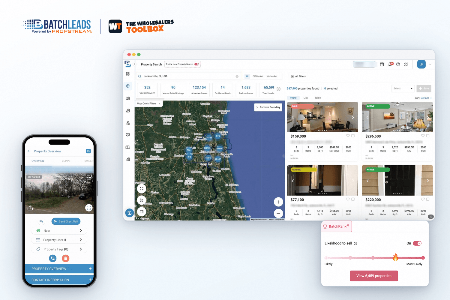 BatchLeads map property search with lead filters and an owner contact card