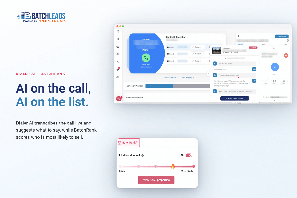BatchLeads Dialer AI call screen with property details and AI talking prompts