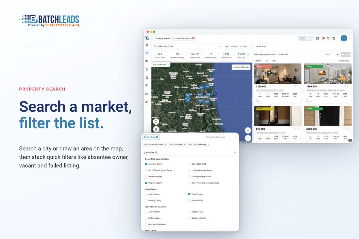 BatchLeads property search map with stacked lead filters and quick list tiles