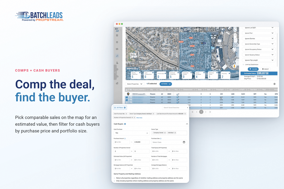 BatchLeads comparable sales tab drawn on a map around a property