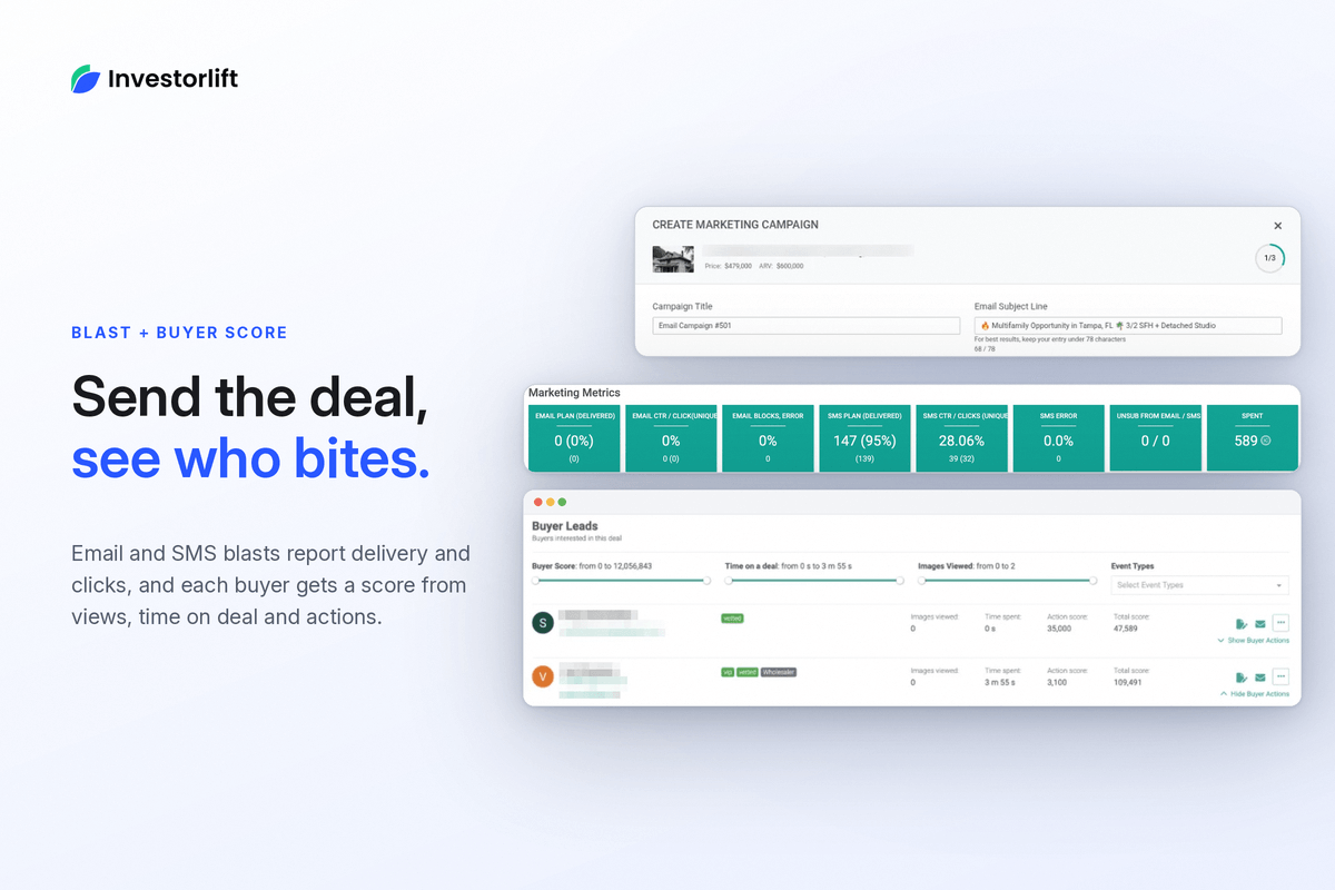 InvestorLift deal blast with buyer engagement scores