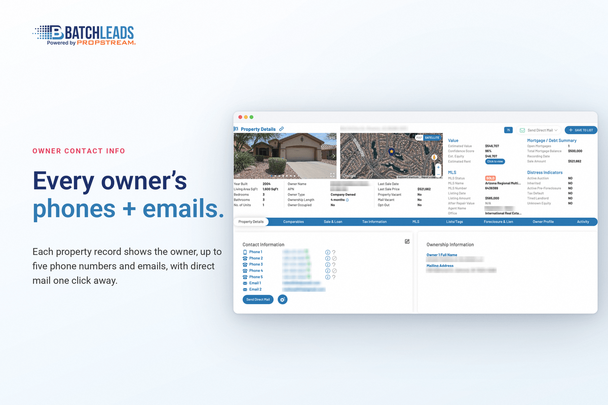 BatchLeads property profile with the owner's phone numbers and emails