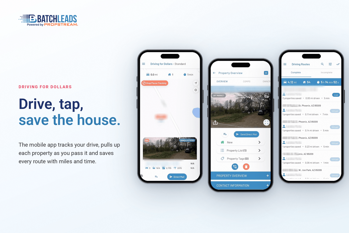 BatchLeads mobile app showing a driving for dollars route with saved properties