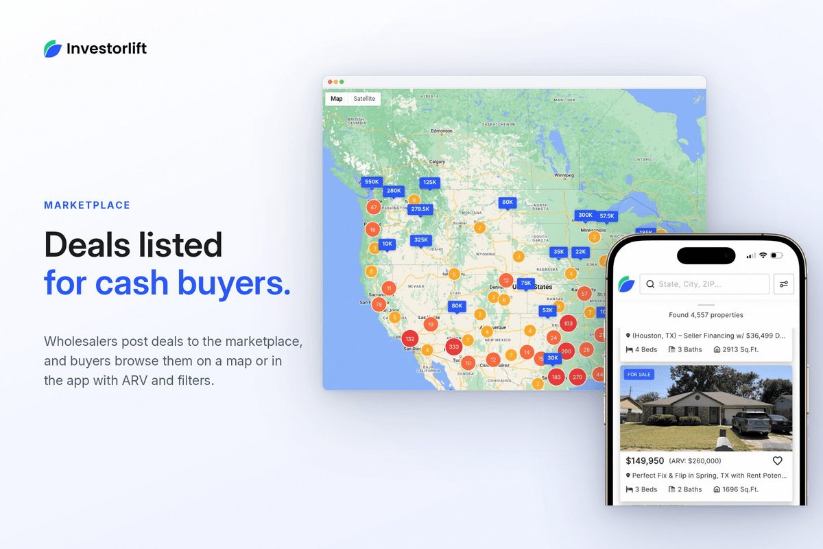 InvestorLift marketplace showing wholesale deal listings for buyers
