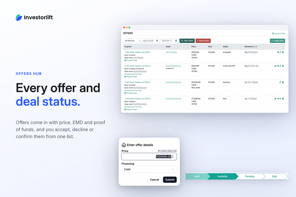 InvestorLift offers dashboard with deal status for each buyer