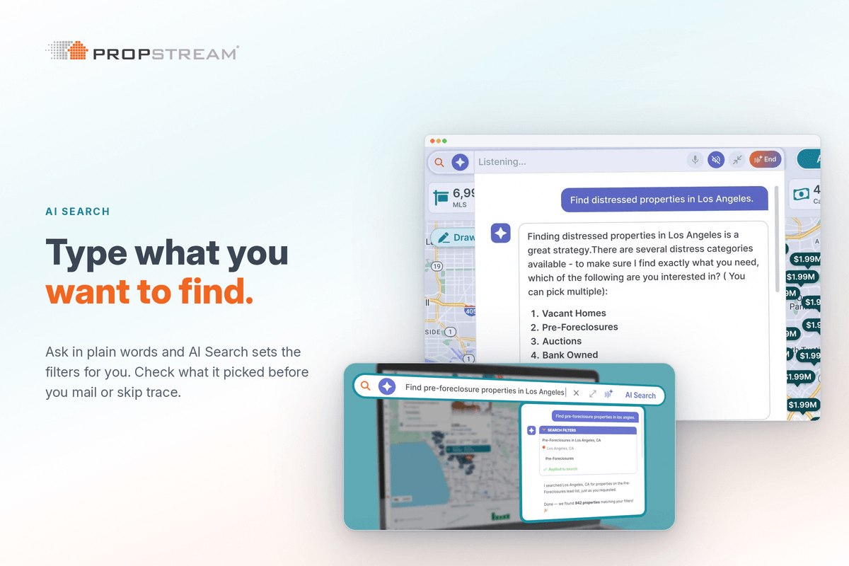 PropStream AI Search box with a plain-English list request