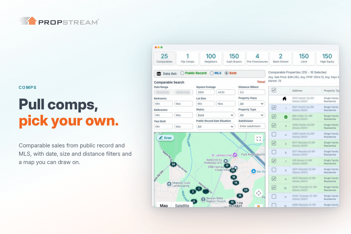 PropStream comparable sales pinned on a map next to the subject property