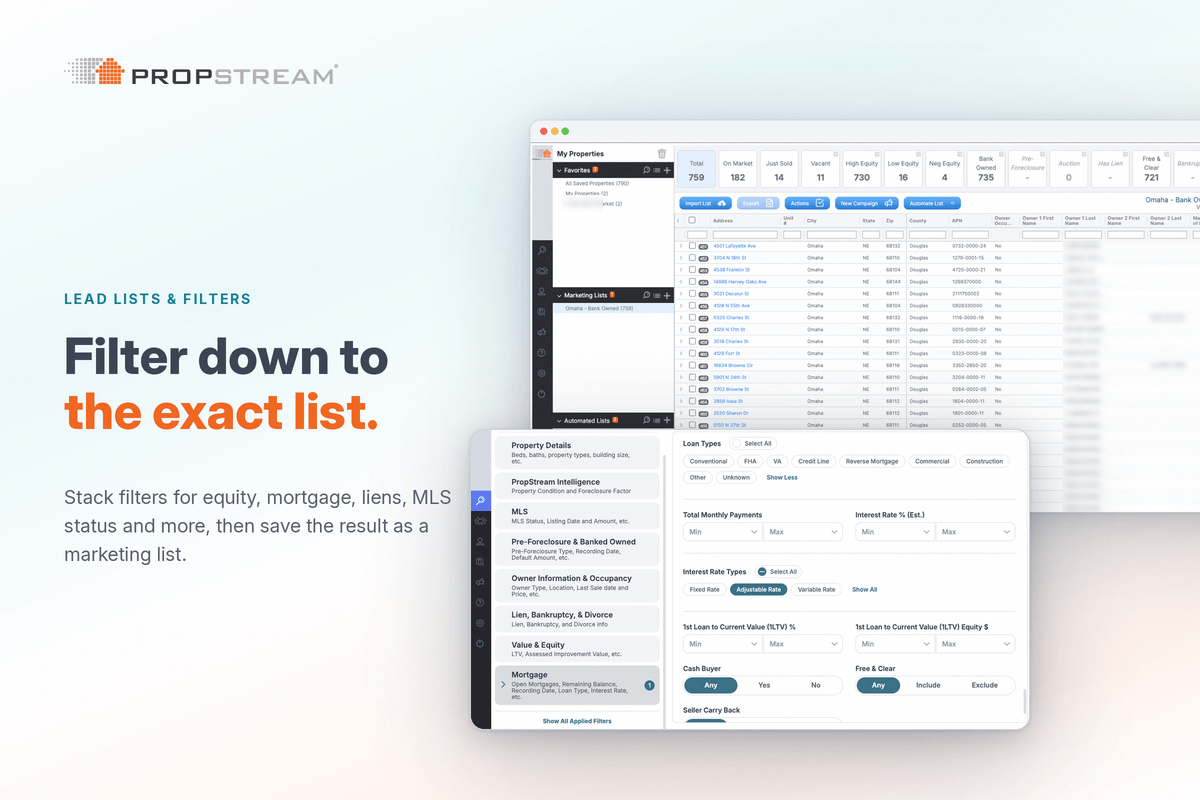 PropStream lead list picker and stacked filters for building a seller list
