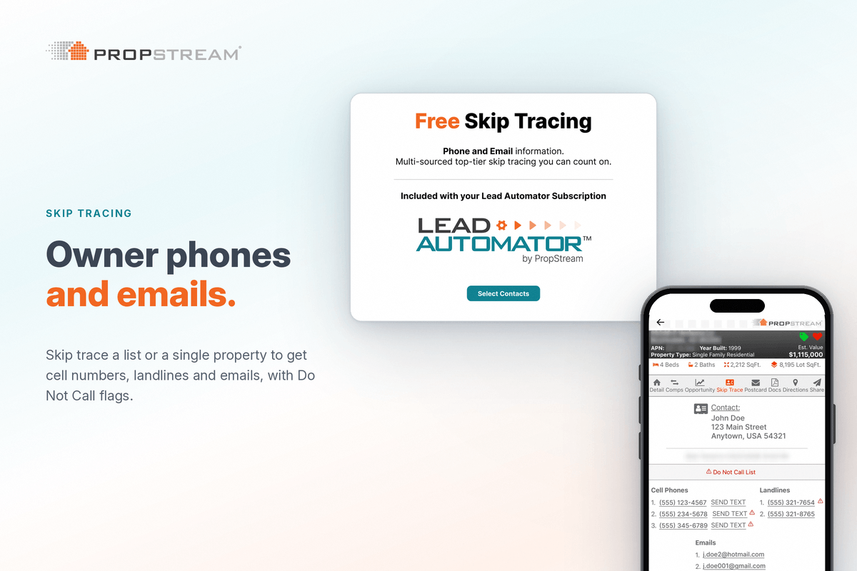 PropStream skip tracing results with owner phone numbers and emails