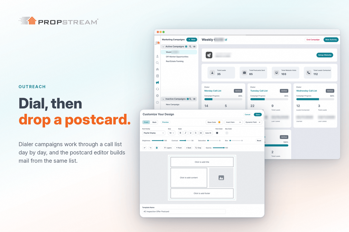 PropStream dialer campaign screen for calling a saved lead list