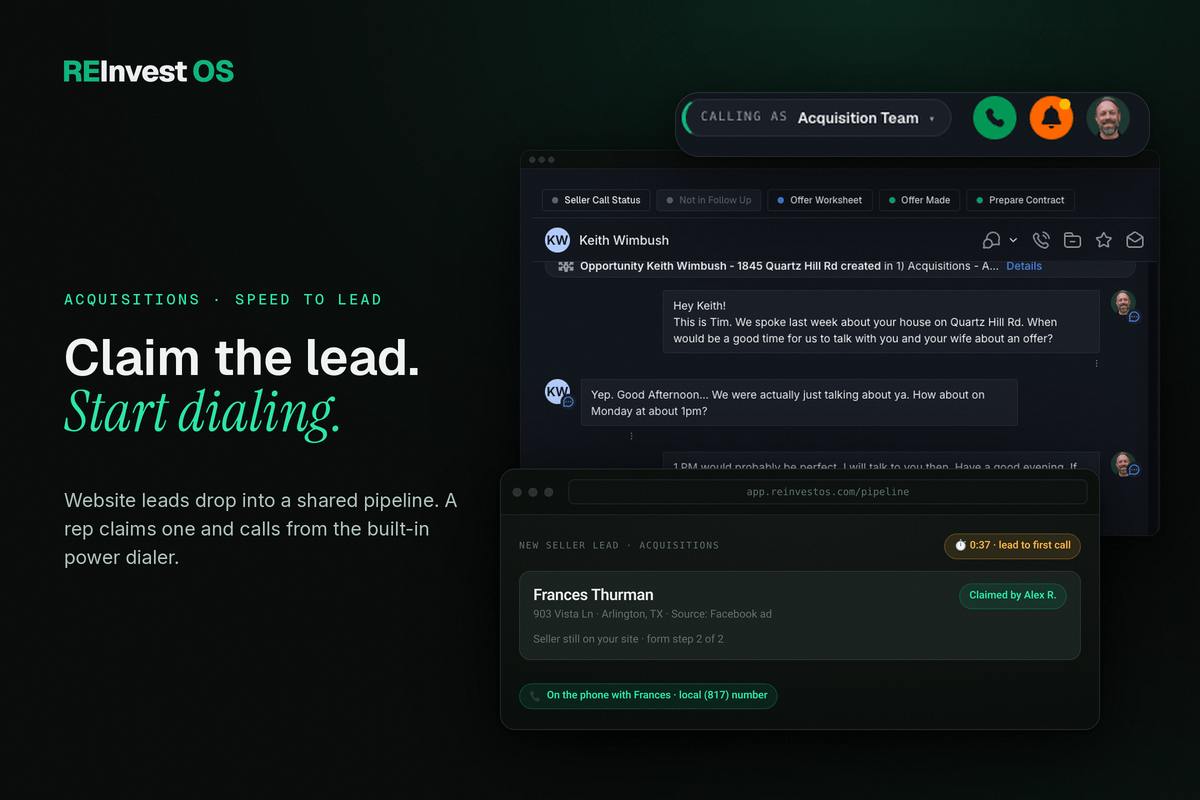 REInvest OS contact conversation with the Calling as Acquisition Team dialer, and a claimed lead in their demo