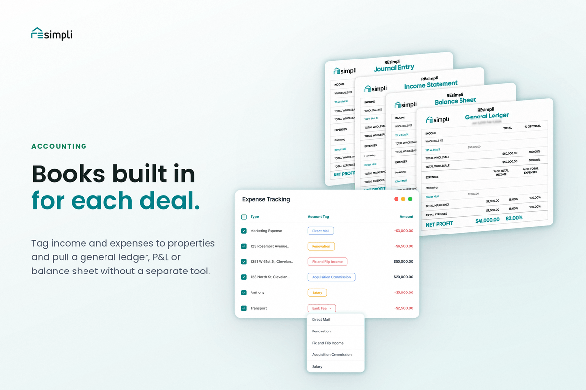REsimpli accounting screen with deal income and expenses