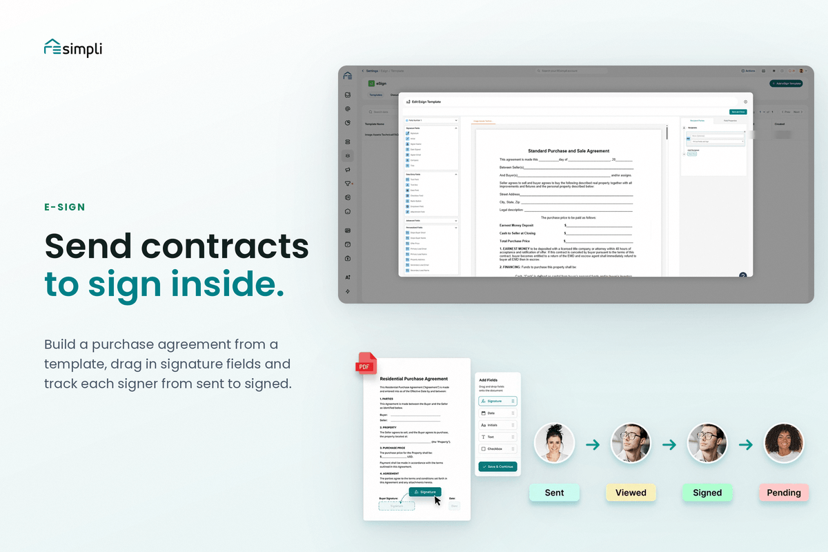 REsimpli e-sign screen for sending a purchase agreement