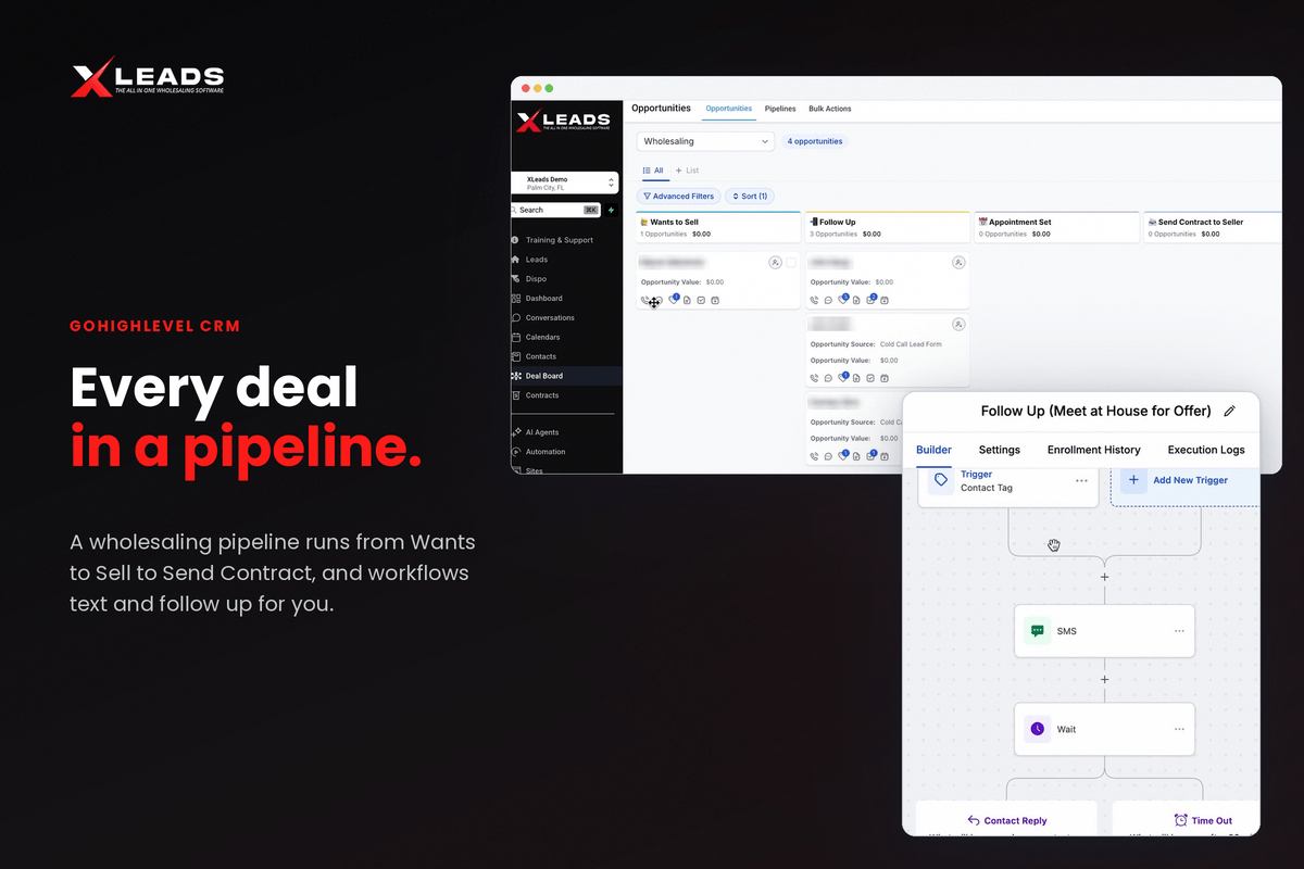 Xleads GoHighLevel CRM pipeline with seller leads in deal stages