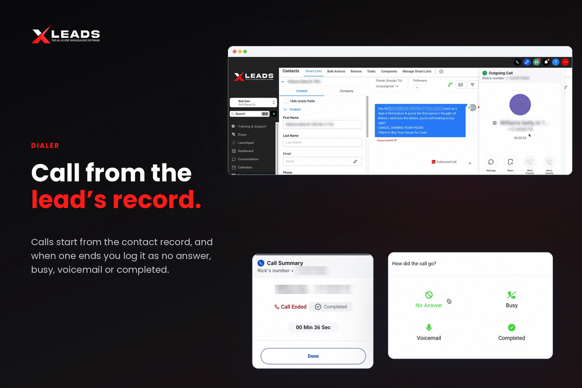 Xleads dialer screen calling a skip traced seller lead