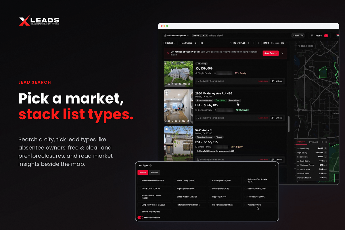 Xleads lead search with motivated seller list types and filters on a map