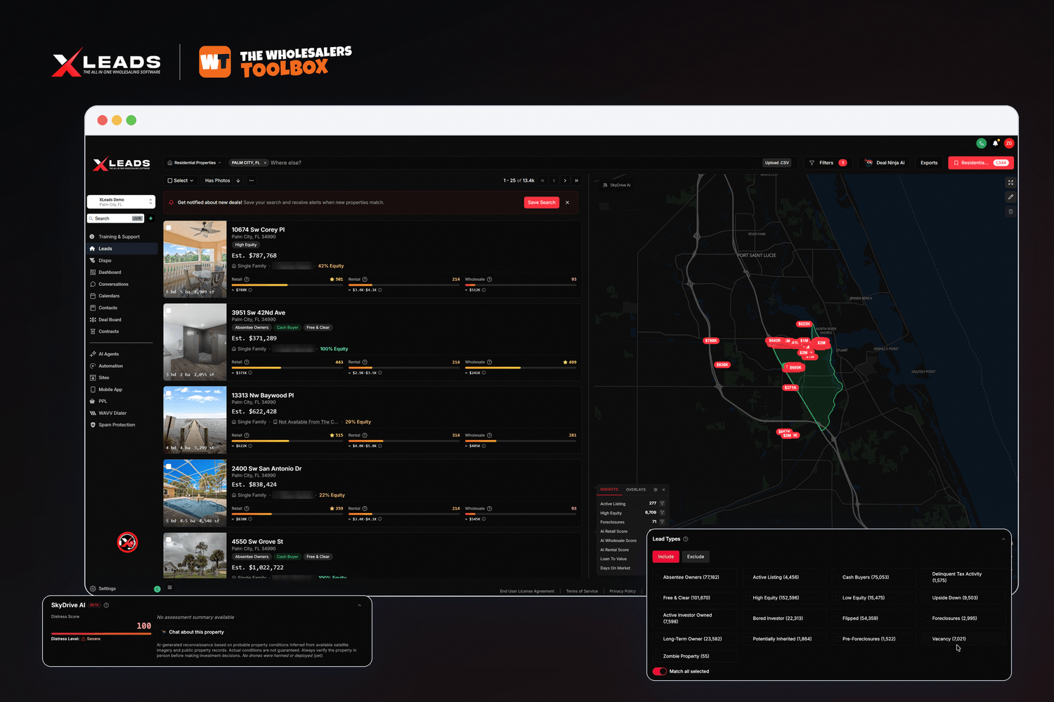 Xleads lead search map with motivated seller list types and an AI distress score