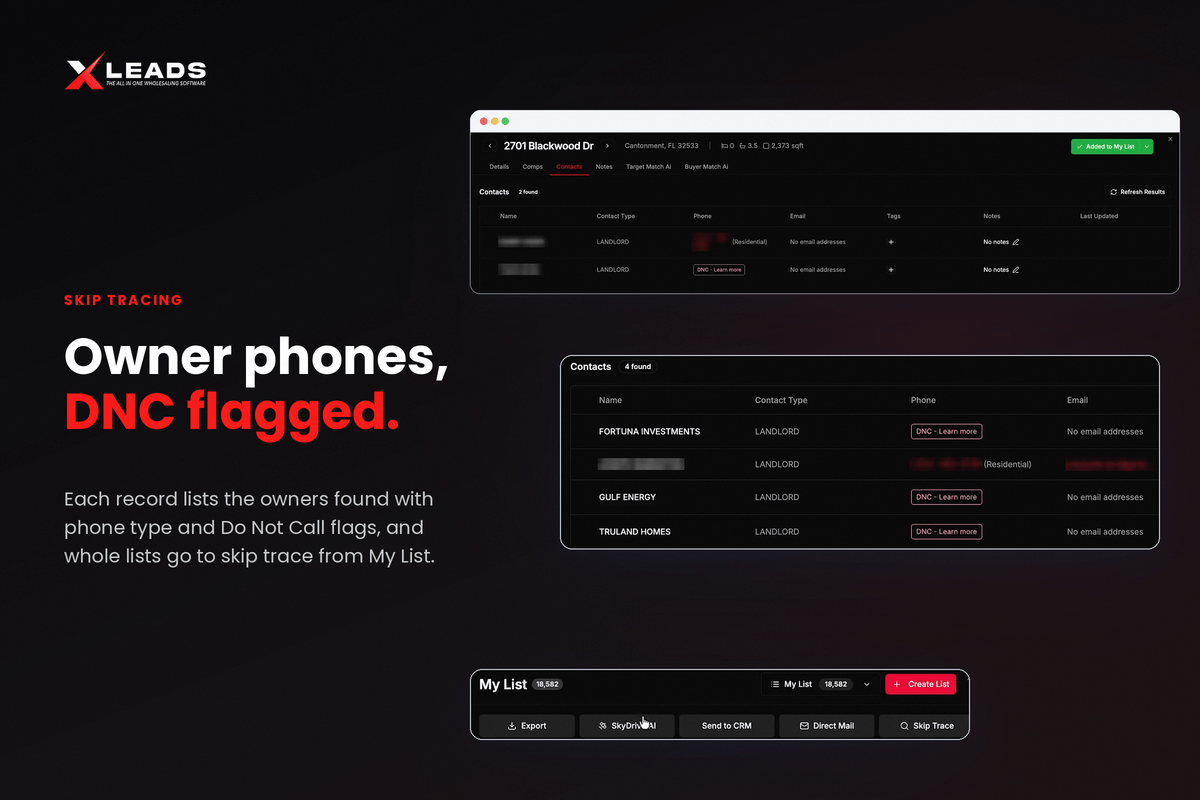 Xleads skip traced owner record showing phone numbers and contact details