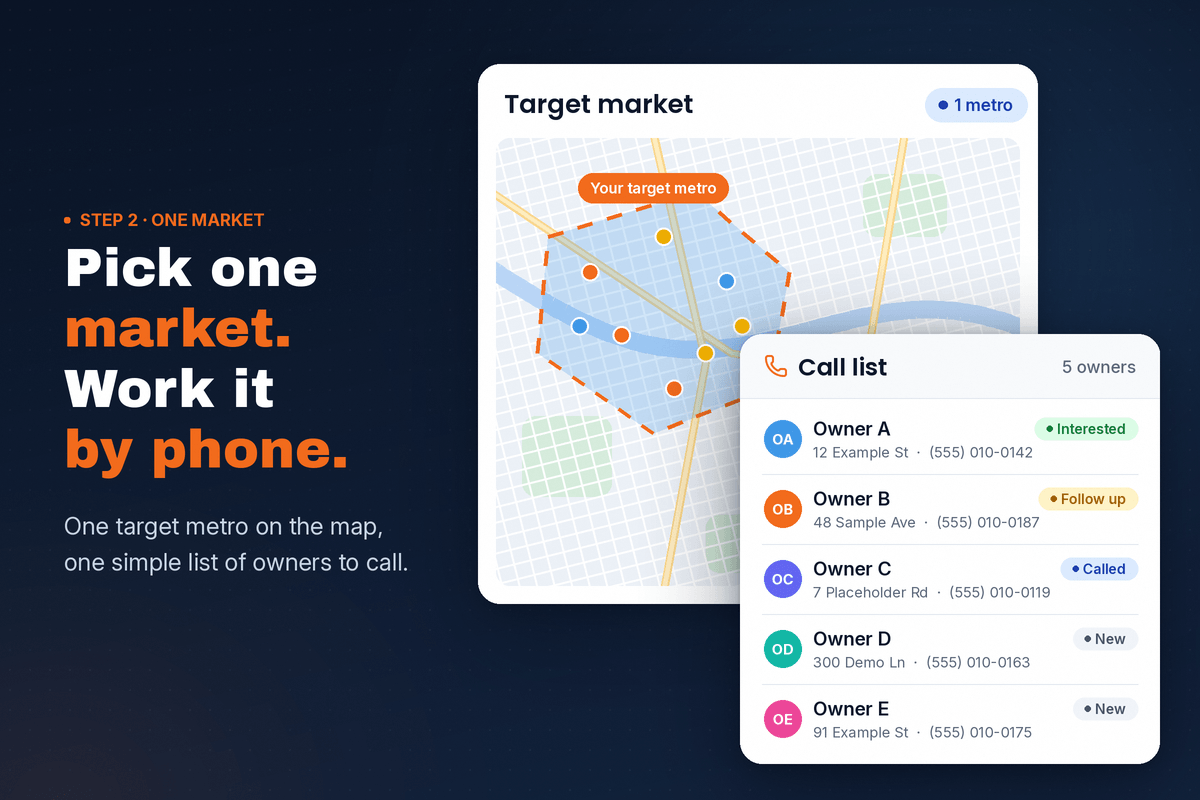 Map of one target metro outlined on a street grid, next to a call list of five property owners marked interested, follow up, called or new