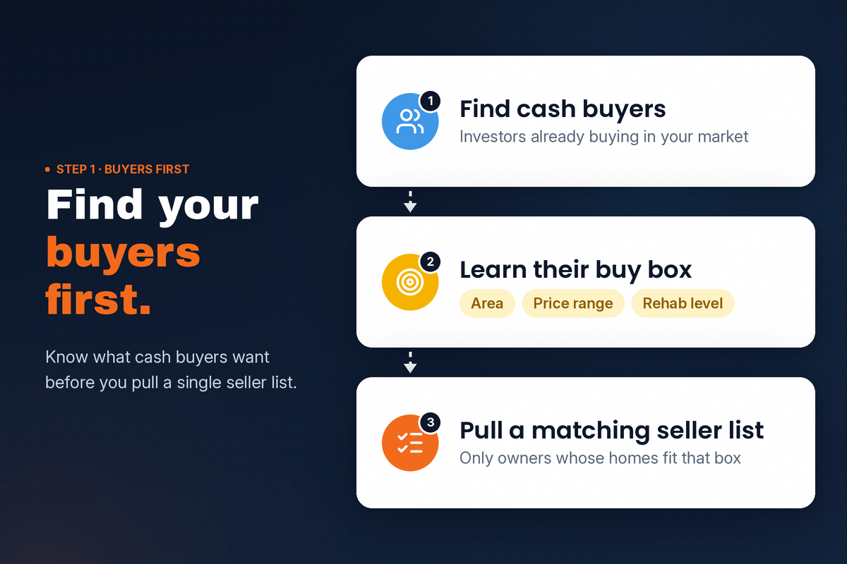 Three-step diagram: find cash buyers, learn their buy box (area, price range, rehab level), then pull a matching seller list